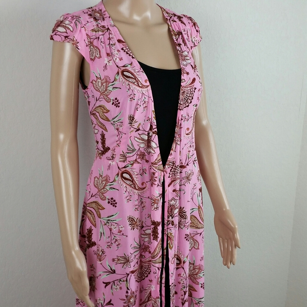 Pink Paisley Cover Duster Cardigan Tie Waist Vest Barbie Pink Sz XSmall Floral